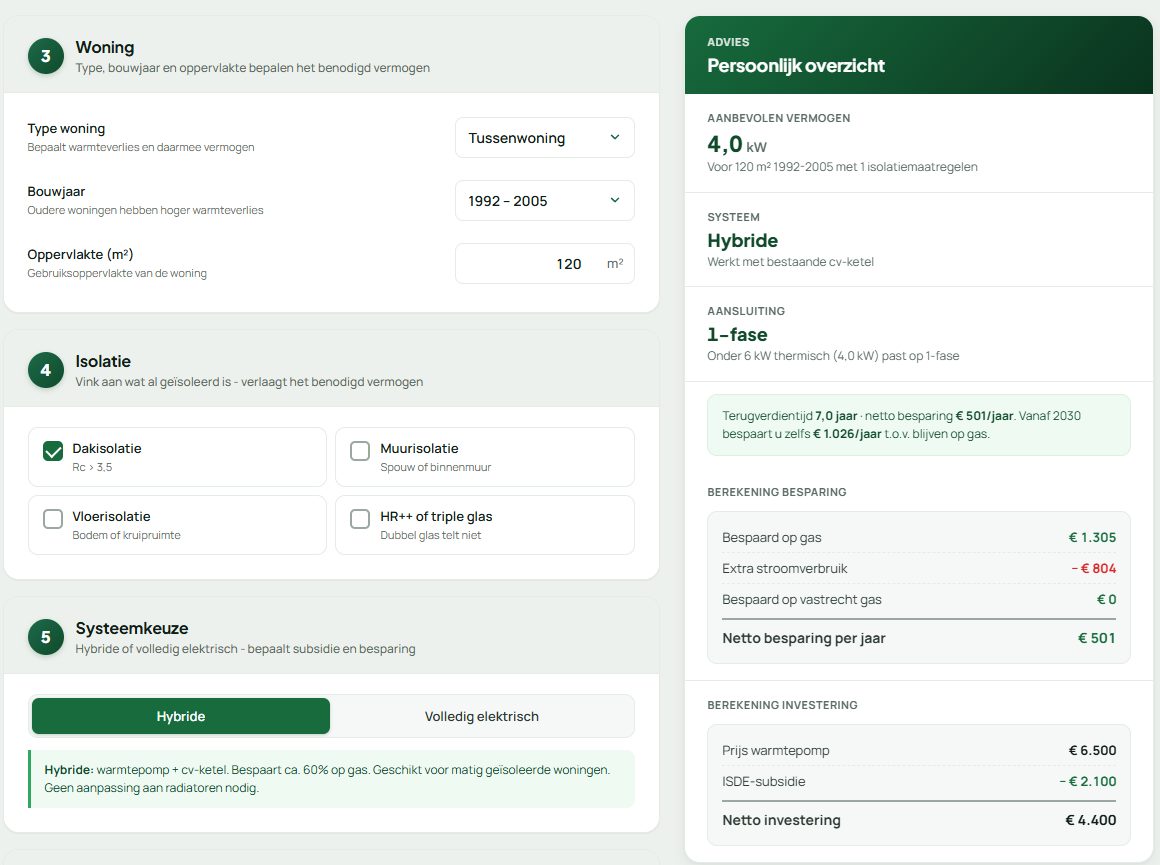 Warmtepomp-software van Dura ConnectR die het benodigde vermogen berekent